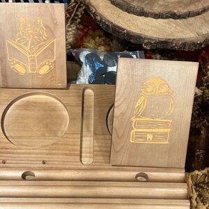 Wooden Desk Organizer with Owl and Cat Engravings
